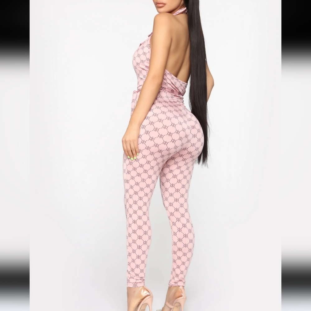 Fashionnova Designer Inspired Printed Pink Skinny Jumpsuit XS - Picture 2 of 7